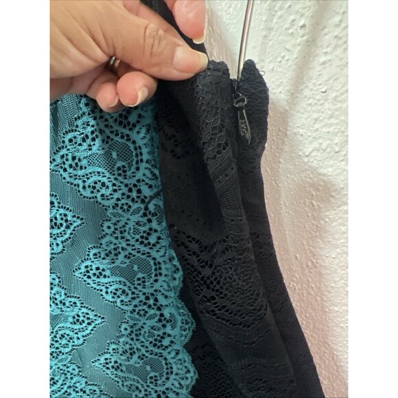 FREE PEOPLE ~X Small ~ Teal & Black Lace NATASHA Bodycon High Neck Dress - Picture 5 of 16